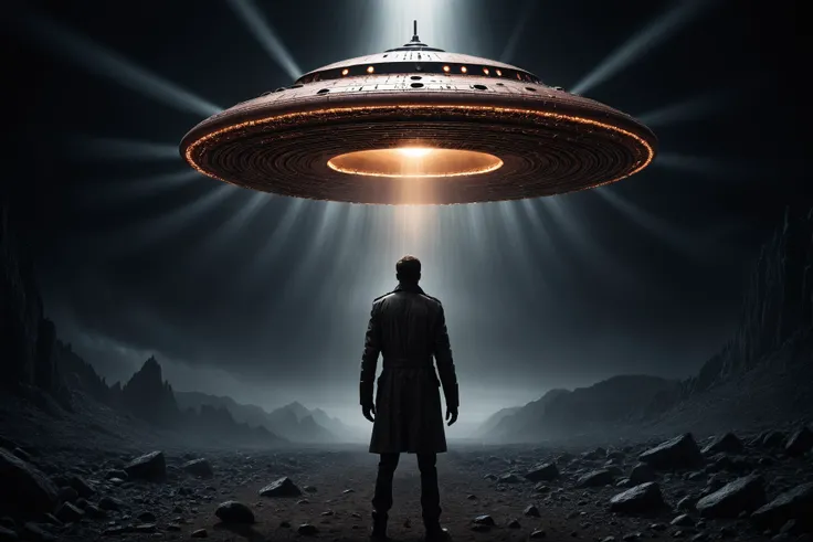 copperu, a dramatic cinematic film still of a ufo investigator is in trouble for causing a tear in the fabric of space. the scene is from a dark sci-fi film. the atmosphere is dark and gritty. professional cinematic lighting engulfs the whole scene. the art direction is of the highest level. the scene is directed by a hollywood veteran sci-fi director.