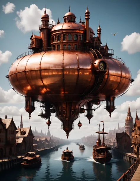 copperu, A fantastical image of a floating city, reminiscent of the steampunk genre.