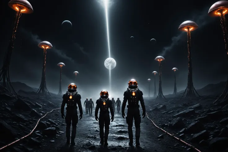 copperu, a dramatic cinematic film still of a dark energy explorer has to convince an advanced alien race not to wipe out humanity. the scene is from a dark sci-fi film. the atmosphere is dark and gritty. professional cinematic lighting engulfs the whole scene. the art direction is of the highest level. the scene is directed by a hollywood veteran sci-fi director.