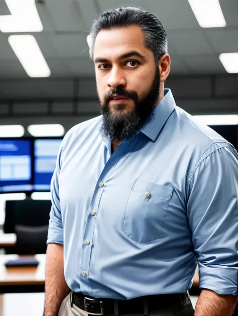award winning waist up photo of a handsome middle-aged man with graying hair and beard, wearing a blue button-up shirt, tan slacks, and brown leather belt, coordinating a command center, tactical displays in the background, looking at the viewer, high-resolution table display in the lower foreground, high contrast, shiny skin, backlighting, bloom, light sparkles, chromatic aberration, sharp focus