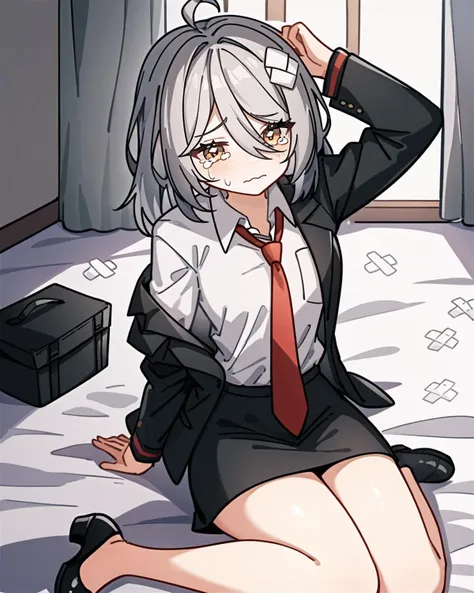 masterpiece,best quality,bedroom,looking at viewer,
<lora:ankaxiya_xl:0.8>,anotherstyle3,ankaxiya,1girl,solo,black jacket,shirt,jacket,skirt,necktie,black footwear,collared shirt,white shirt,crossed bandaids,tears,red necktie,black skirt,open jacket,open clothes,fallen down,grey hair,hair between eyes,sitting,arm up,bangs,long sleeves,off shoulder,bag,shoes,ahoge,dress shirt,high heels,wavy mouth,arm support,