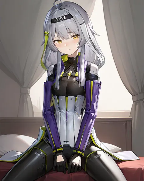 masterpiece,best quality,bedroom,
<lora:ankaxiya_xl:0.8>,ankaxiya,skin02,1girl,solo,masturbation through clothes,looking at viewer,shy,long hair,grey hair,gloves,bangs,bodysuit,yellow eyes,long sleeves,black gloves,small breasts,ahoge,hair ornament,hairband,