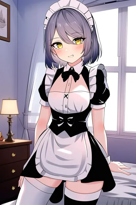 masterpiece,best quality,bedroom,looking at viewer,
<lora:ankaxiya:0.8>,anotherstyle,ankaxiya,1girl,solo,maid headdress,maid,thighhighs,short hair,yellow eyes,short sleeves,puffy sleeves,alternate costume,dress,breasts,frills,bow,puffy short sleeves,clenched teeth,black thighhighs,