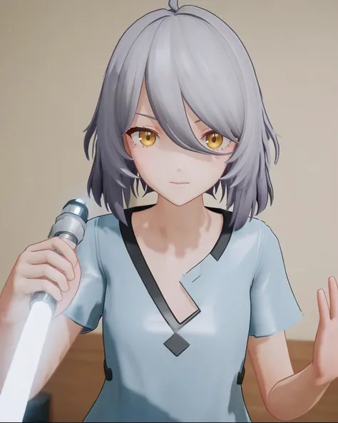 masterpiece,best quality,bathroom,looking at viewer,
<lora:ankaxiya_xl:0.8>,3dstyle,ankaxiya,skin01,1girl,solo,ahoge,bangs,yellow eyes,closed mouth,hair between eyes,shirt,grey hair,dress,holding weapon,holding lightsaber,lightsaber,