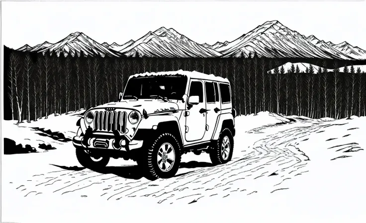 There is a snow mountain in the distance,a JEEP car under the snow mountain,Woodcut prints, Woodcut prints<lora:vynstickBWVinyl_vynstickV1:1>
