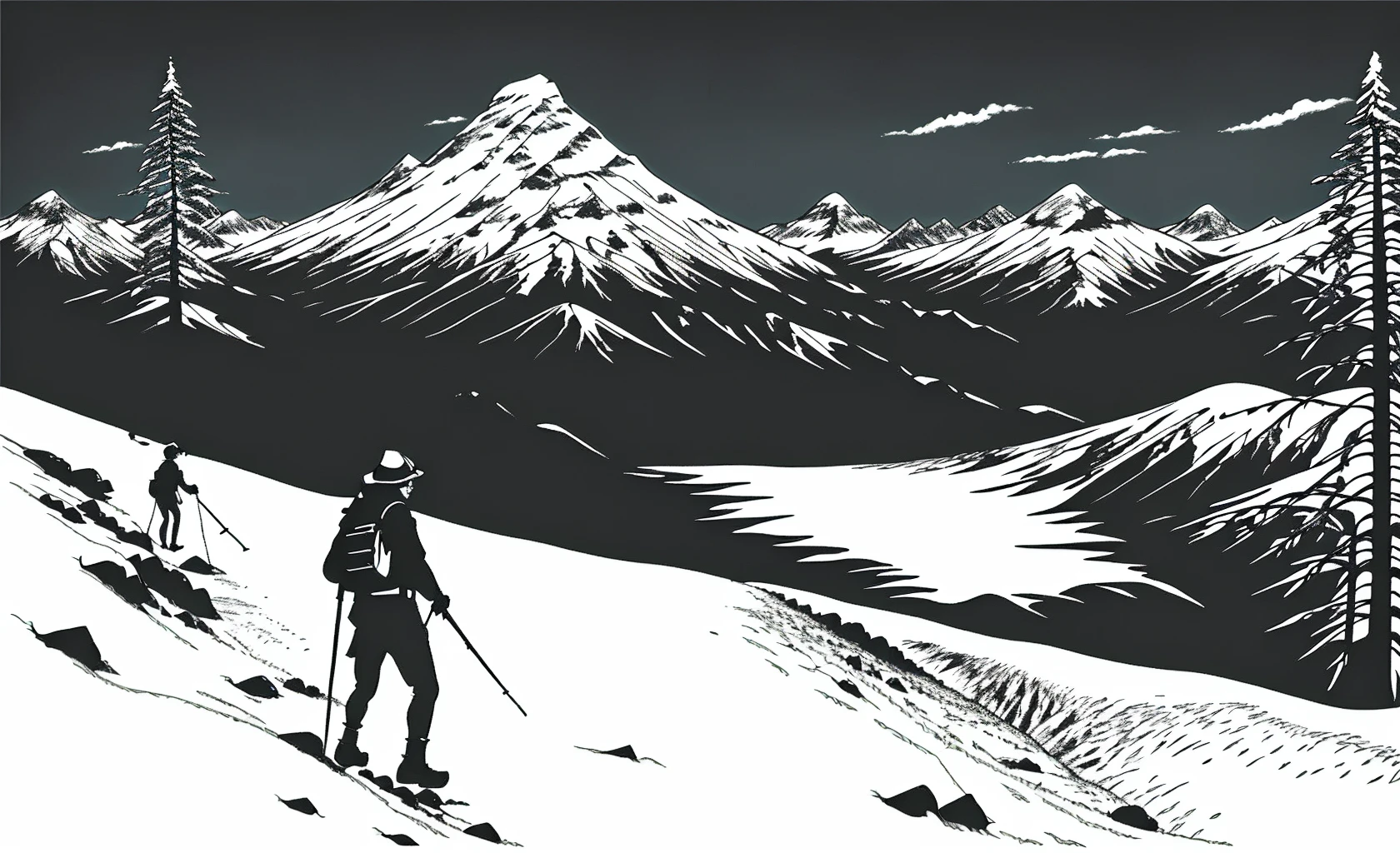 Snowy mountains, forest, and a hiker. The small figure of the hiker contrasts sharply with the magnificent natural scenery, creating a serene and mysterious atmosphere, Woodcut prints<lora:vynstickBWVinyl_vynstickV1:1>