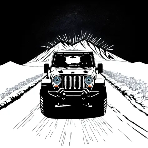There is a snow mountain in the distance,a JEEP car under the snow mountain,a car is setting off fireworks,JEEP Car,A man and a woman stand next to a car and set off fireworks,white fireworks, starry sky,stars, tattoos, a tattoo,white background <lora:vynstickBWVinyl_vynstickV1:1>