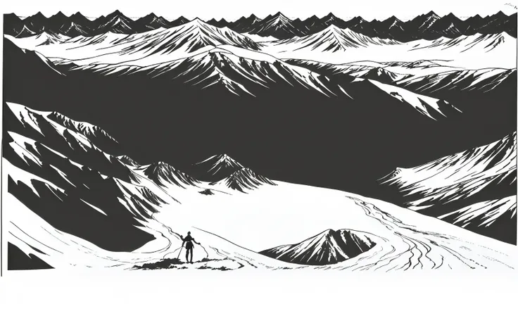 Snowy mountains, forest, and a hiker. The small figure of the hiker contrasts sharply with the magnificent natural scenery, creating a serene and mysterious atmosphere, Woodcut prints<lora:vynstickBWVinyl_vynstickV1:1>