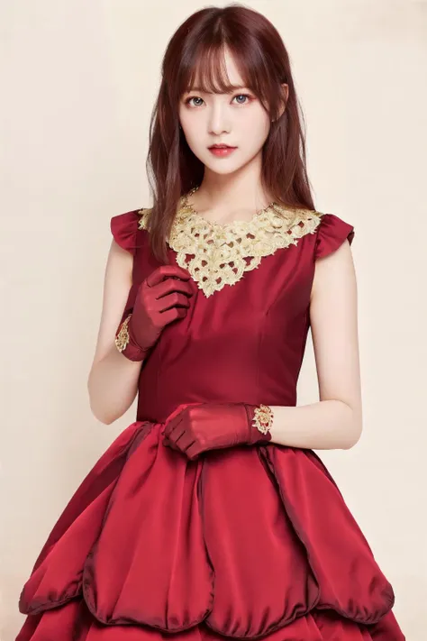 ((best quality)), absurdres, ((ultra high res)), perfect face, beautiful face, red dress, red gloves, detailed eyes, perfect female body, perfect skin, soft skin, <lora:sayonaraa:0.65>