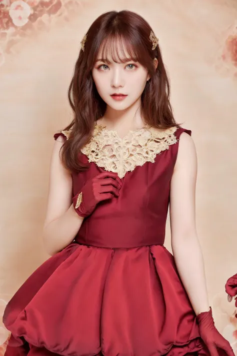 ((best quality)), absurdres, ((ultra high res)), perfect face, beautiful face, red dress, red gloves, detailed eyes, perfect female body, perfect skin, soft skin, <lora:sayonaraa:0.67>