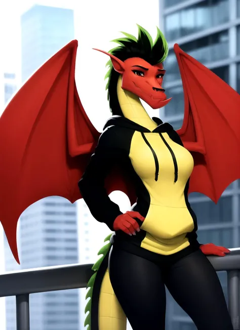 jakelong, scalie, female anthro, dragon girl, portrait, solo, cute face, (black hoodie:1.3), (best quality), (urban manhattan background:1.2), (detailed scales:1.1), medium breasts, smile, small wings, fangs, <lora:jakelong-v1:1>