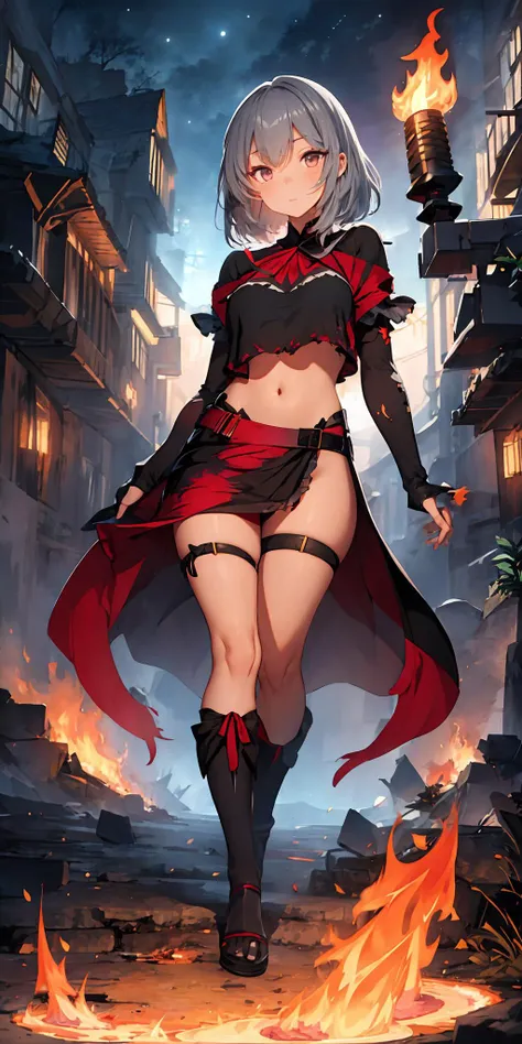 masterpiece, best quality, 1 girl, beautiful and detailed art, dark, evil, night, torch light,  beautifuldetailedeyes, witch, a ruins ,  cast a spell, flame effects, (grey hair with crimson dip-dye hair:1.2), full body, medium breasts