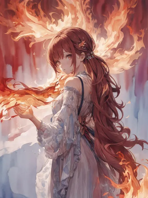 absurdres, highres, ultra detailed, (1female:1.3),
BREAK
(, watercolor style, soft blending, dreamy washes, delicate textures,:1.4)
BREAK
(fire:1.3), red, (flame:1.4)