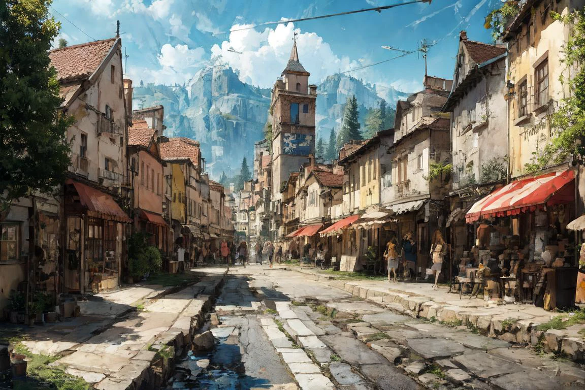 (best quality, super fine illustration, ultra-detailed resolution, high detailed CG, extremely detailed CG:1.12), caustics, (wide shot:1.0)
BREAK
Modern European Ink Painting, Bustling castle town, scenery,