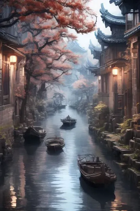 traditional chinese landscape,masterpiece,best quality,32k uhd,insane details,intricate details,hyperdetailed,hyper quality,high detail,ultra detailed,Masterpiece, traditional Japanes town