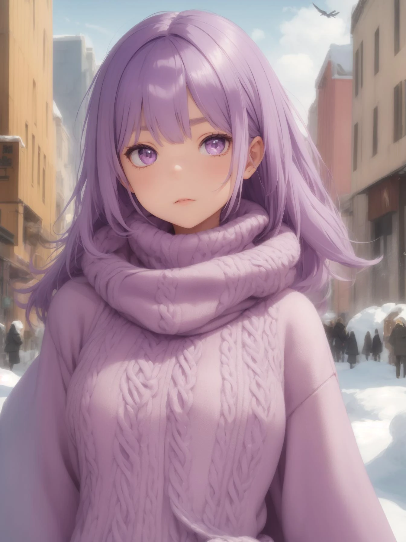 (masterpiece:1.1), (realistic:1.1), 1girl, (pale purple hair:1.2) + (long hair:1.1), medium breasts, (sweater dress:1.1), (wind coat:1.1), scarf, hair decoration, street, sky, snows, (close up:1.1)