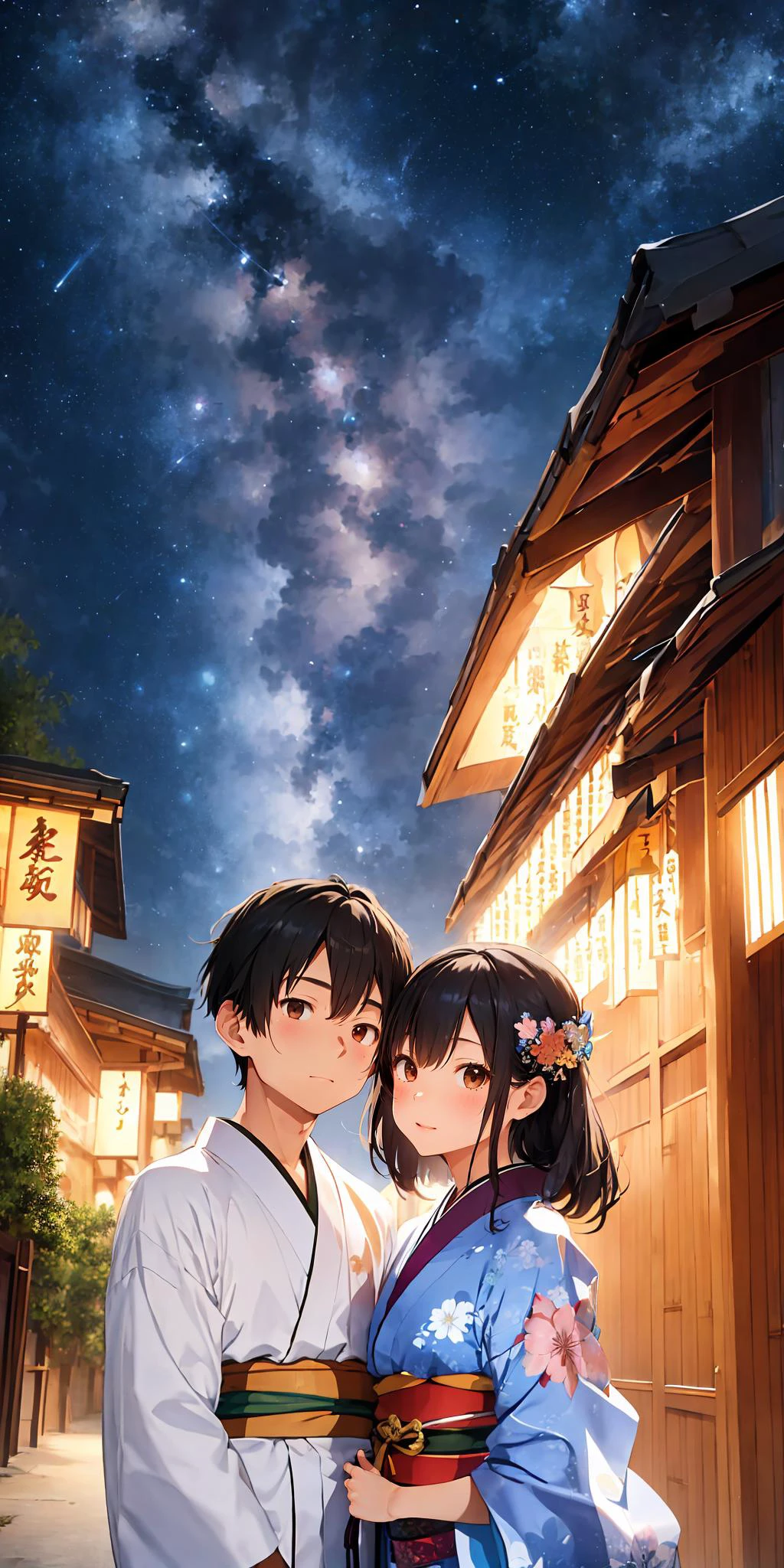 masterpiece, best quality, (1 boy and 1 girl:1.3), couple, beautiful and detailed art, decorate bamboo branches with strip of paper, milky way, Tanabata, the beauty of romance and the power of dreams in Japanese culture, Vega, Altair, kimono, starry sky