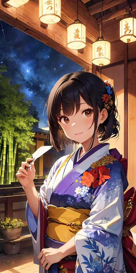 masterpiece, best quality, (1 boy and 1 girl:1.3), couple, beautiful and detailed art, decorate bamboo branches with strip of paper, milky way, Tanabata, the beauty of romance and the power of dreams in Japanese culture, Vega, Altair, kimono, starry sky