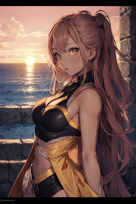 absurdres, highres, ultra detailed, (1 girl:1.3), (solo:1.4),  yellow
BREAK
, cel shading, bold outlines, flat colors, graphic style, manga influence
BREAK
, rim lighting, warm tones, sun flare, soft shadows , (sunset:1.5)
BREAK