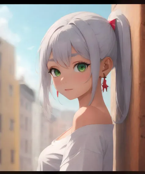 1girl, pointy ears, long hair, white hair, twintails, earrings, green eyes, parted bangs, grey hair, dangle earrings,oversized shirt, shirt, off shoulder, nsfw