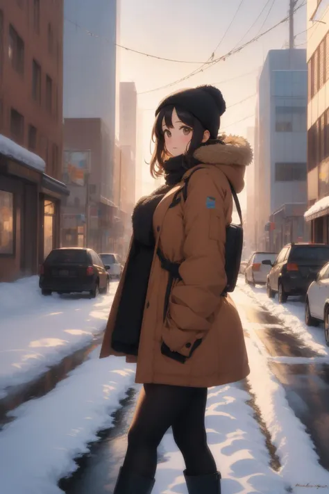 1girl, (art by Michael Sowa:1.0) , grand documentary style of, masterpiece, side view shot of a Mesmerizing Sublime ("Tracker":1.3) , street and Spruce background, winter city street and lake, Winter, soft focus, ultrafine detailed, Relaxed, Bauhaus Art, Indirect light, telephoto lens, Autochrome, Embroidery, Simplified style, Pixabay, HDR