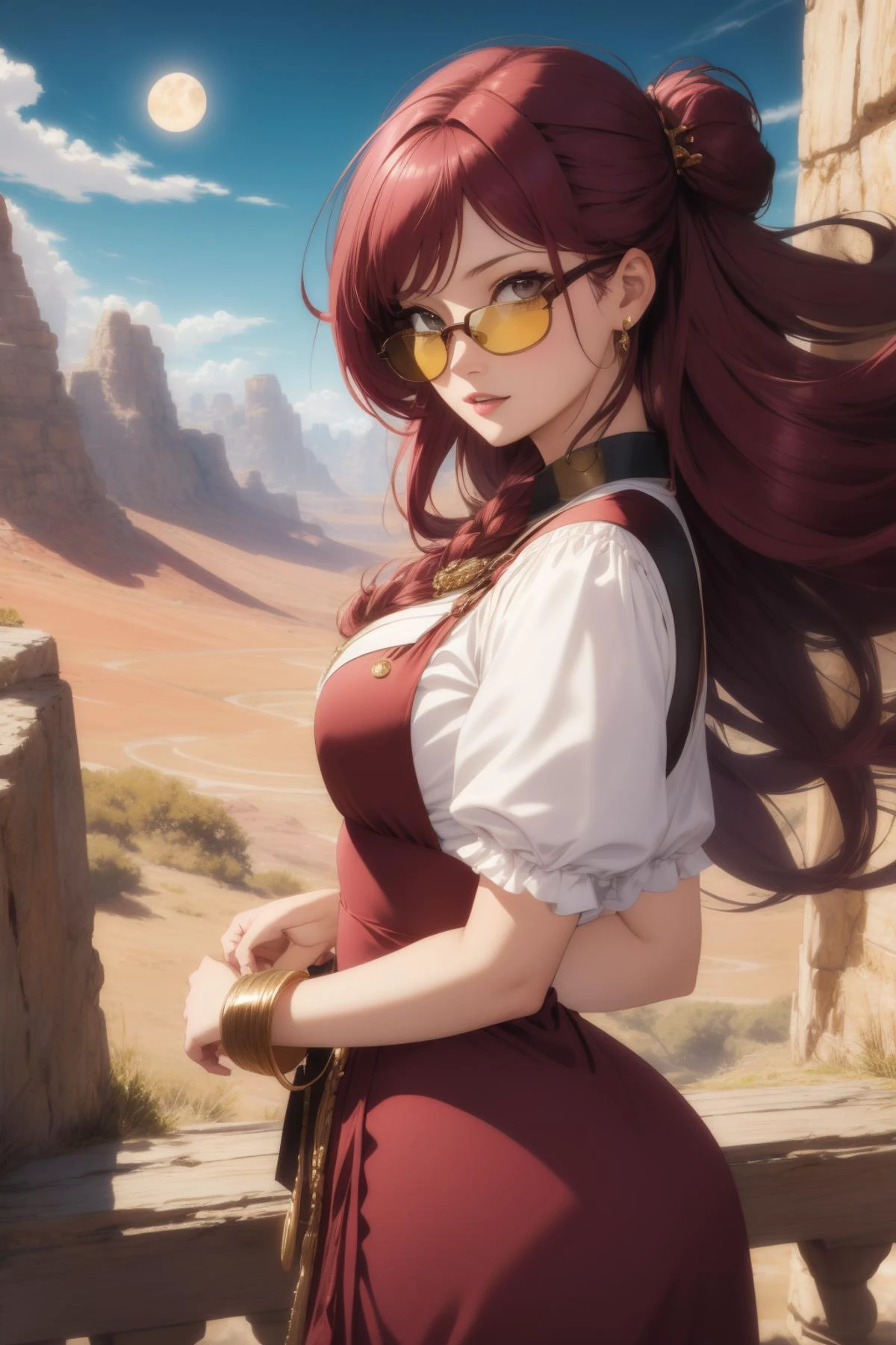 1girl, dramatic Redshift render, concept art, full shot of a fit Baroque ([Natasha Henstridge|Gorgon]:1.3) , she is very Futuristic and Lo-Fi, she as Mongolian Knight, lord of the rings scenery landscape, Mahogany she mood is very dark, she is Cleaning, wearing Maroon, she has electric yellow hairstyle, Messy hair, she has a Weird Skater Acid colors Cufflink, ray-ban glasses, lush hillside and Planet Mars in background, Sun in the sky, tilt shift, Overdetailed art, Shameless, Fashwave, natural lighting, F/1.8, Kodak Ektar, Blue and fluorescent pink fractal art, sfumato, pale skin, skin pores, contest winner, RTX, [ (by Patricia Piccinini:1.1) : (Mark Tobey:1.0) : (Bec Winnel:1.3) :5]