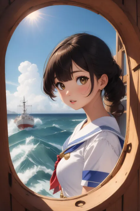 1girl, nautical-themed Hyperdetailed Playful "Through the lens of empathy, we see the world through different eyes, understanding the interconnectedness of all beings.", sea, ocean, ships, maritime, beach, marine life, highly detailed