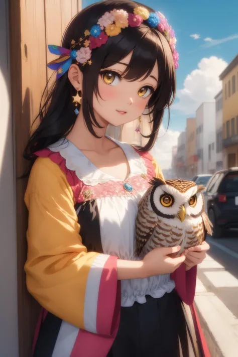 1girl, [ (romanticism art by Horace Vernet:1.1) and (George Goodwin Kilburne:1.1) and (Alexander Bogen:1.0) and (Tyler Walpole:0.8) ::16], colorful Abstract, stylized, professionally shot of a ([Owl|Pain au chocolat]:1.3) , the Owl is very Baroque and Worn-Out, at Happy Overpass, lush roots and Alpha Centauri in background, Stars in the sky, shallow depth of field, Masterpiece, Fantasy, Pixiecore, hair light, telephoto lens, Primary Colors, sgraffito, vibrant, pixiv, beautiful