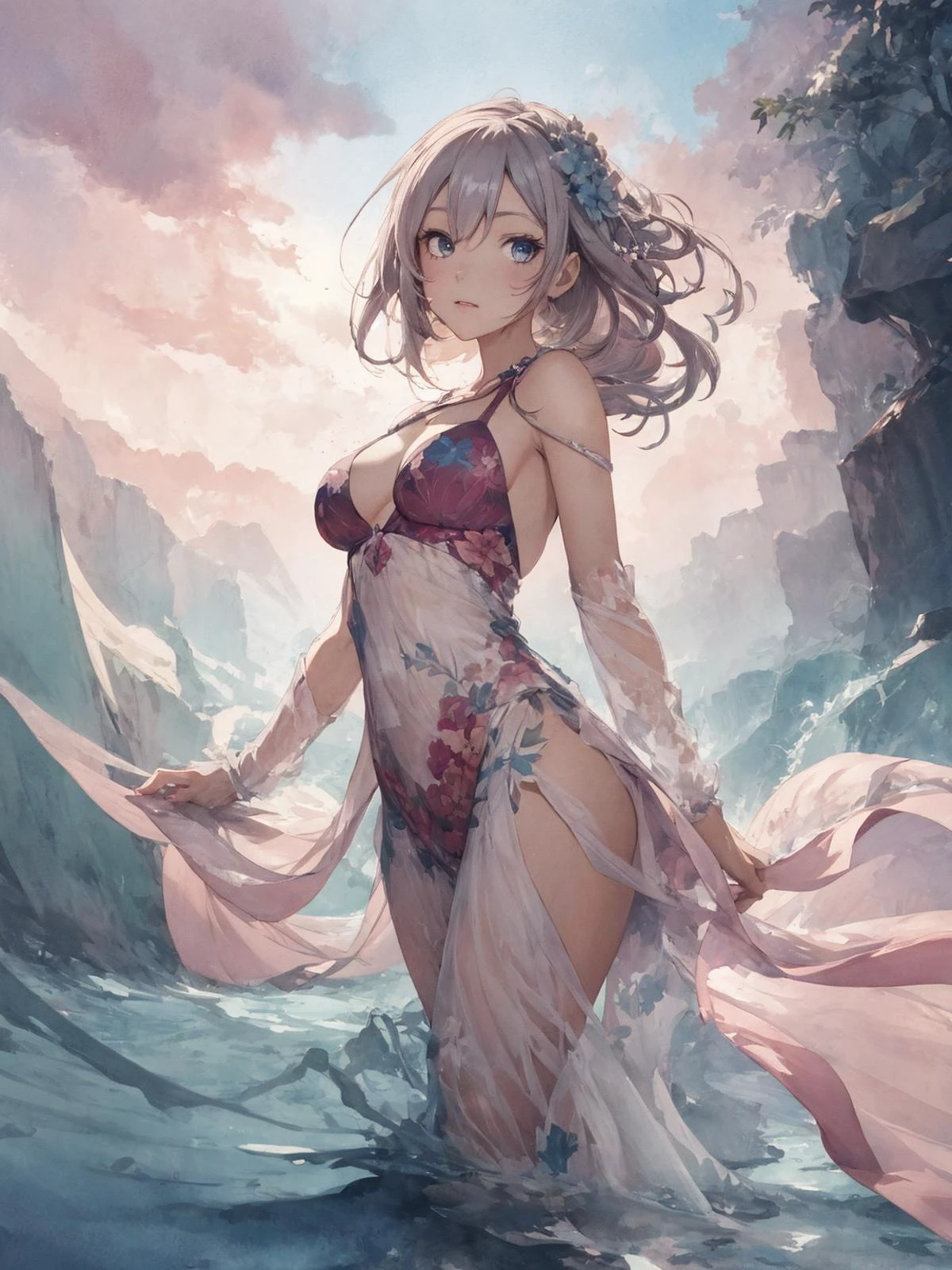 absurdres, highres, ultra detailed, (1female:1.3), Milky Way
BREAK
, watercolor style, soft blending, dreamy washes, delicate textures,
