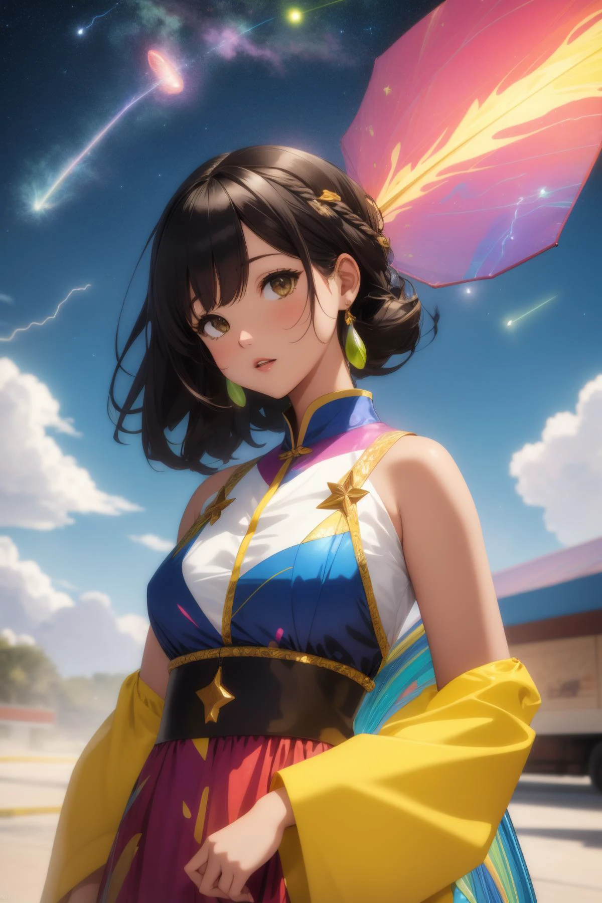 1girl, (abstract art by Françoise Basset:1.1) and (Ryan Hewett:0.7) , colorful art, vibrant stained glass style, stylized, Long exposure of a Petrified [Vengeful:Overgrown:13] Tang Dynasty ([Grocery store|Parachute]:1.3) , it is made from Taurus constellation, it is inspired by Apple computers, centered Low Contrast background, Atomic Age woods with Twig, Raining, shallow depth of field, Horror, Naturecore, side light, Zoom lens, Kinemacolor, Lime green lightning bolts, vintage, highly detailed, extremely hyper aesthetic