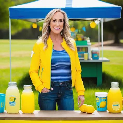 a photo of brandi love, ohwx woman, at a lemonade stand, wearing a jacket, best quality <lora:brandilove_SDXL:0.8>
