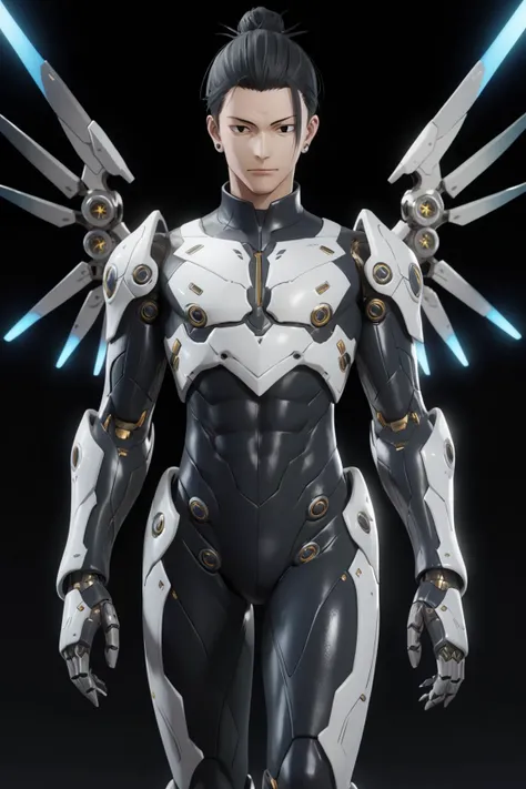 masterpiece, detailed quality, 1boy, black background, score_9, source_anime, score_8_up, score_7_up, x3dce, 3d, <lora:X3dCE_PDXL:.6> looking at viewer, <lora:wrenchsmechsxl:0.8> wrenchsmechs, mechanical arms, mechanical legs, mechanical eyes, mechanical wings, <lora:Getou_suguru:1.4> Getou Suguru ,Black hair ,Single hair bun ,Gakuran ,Ear piercing ,Black eyes