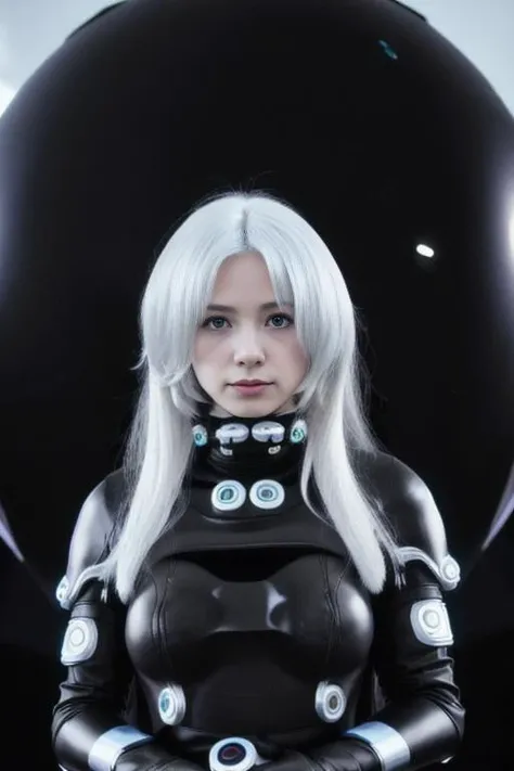 (color photo) of young woman,(outfit-gantz),(black sphere in background:1.6), white hair, analog style, modelshoot style, 35mm, vignette, intricate detail,<lora:OutfitGantzLatexBreastCurtains:1.0>