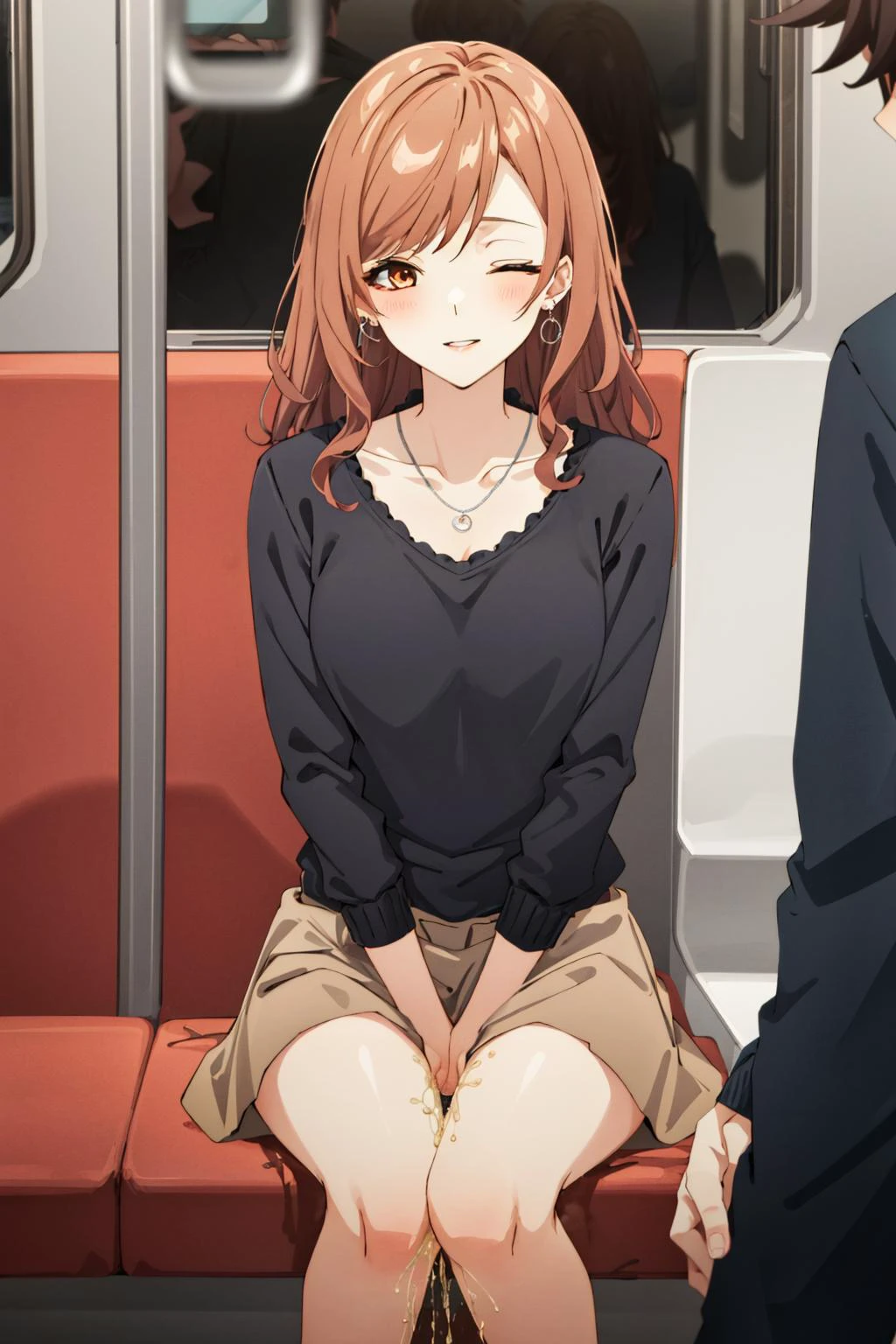 masterpiece, best quality, 1girl, idcsmiu, black shirt, brown skirt, long skirt ,sitting, (peeing, peeing self:1.4), (heavy breathing:1.4), smile, parted lips ,one eye closed, blush, jewelry, necklace, earrings , (train interior:1.1), no panties,