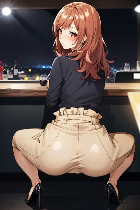 masterpiece, best quality, 1girl, idcsmiu, black shirt, brown skirt, long skirt, (from above:1.1), from behind, (lean on a bar table , ass lift, squatting,:1.2) , (spread legs:1.4), looking back, black high heels, (heavy breathing, blush:1.4), embarrassed, smile, jewelry, necklace, (nightclub:1.4),