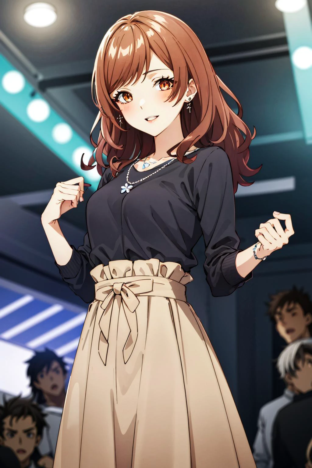 masterpiece, best quality, 1girl, idcsmiu, black shirt, brown skirt, long skirt, jewelry, necklace, smile, parted lips , blush, (nightclub:1.4)