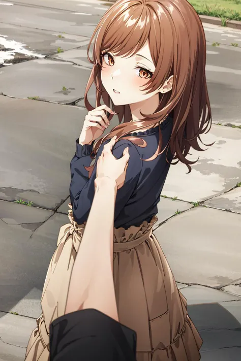 masterpiece, best quality, 1girl, idcsmiu, black shirt, brown skirt, long skirt, from behind, from above, looking back, (POV hand pat on the houlder:1.2), embarrassed,parted lips , street