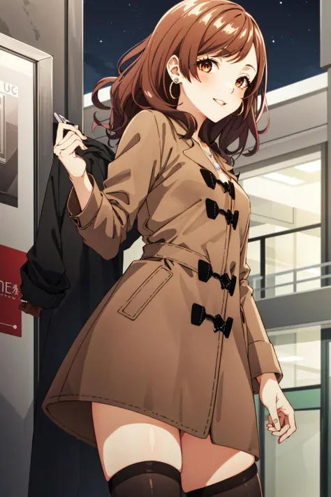 masterpiece, best quality, 1girl, idcsmiu,  (brown long coat:1.4), naked coat, (black thighhighs:1.2),   jewelry, necklace,  smile, parted lips , blush, earrings, street, (night:1.1)