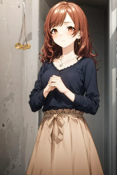 masterpiece, best quality, 1girl, idcsmiu, black shirt, brown skirt, long skirt,  (coin, pendulum, holed coin, coin on string, hypnosis, mind control:1.1), empty eyes, expressionless,   jewelry, necklace, earrings,  (street:1.2)