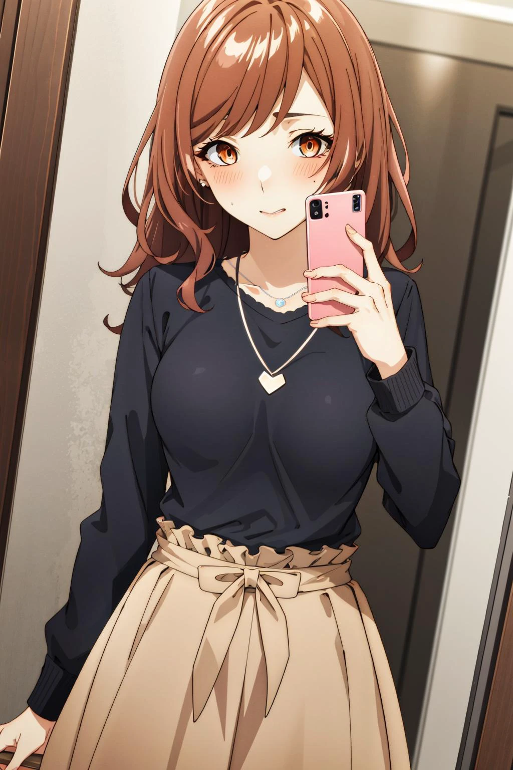 masterpiece, best quality, 1girl, idcsmiu, black shirt, black shirt, brown skirt, long skirt, standing, selfie, pink smartphone, smart (embarrassed, blush:1.2) jewelry, necklace, bedroom