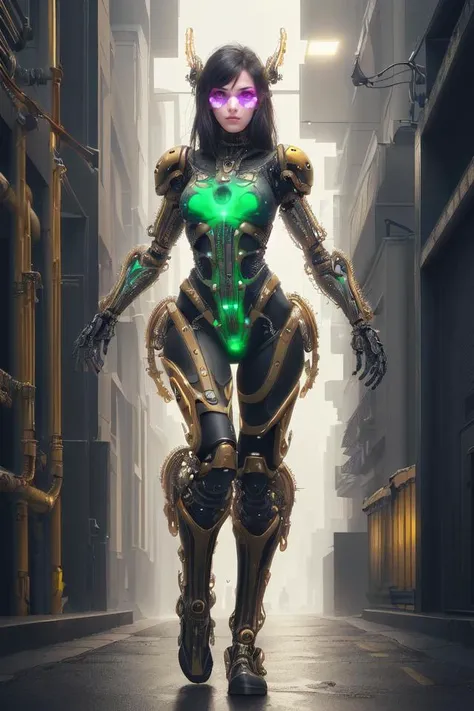 A digital painting depicting a young woman living in the bio-punk world maintaining humanity, Bio punk, a world where man and machinery are melded through biological organisms, biomechanical, hive mind, repurposed muscles, enhanced sensory organs, enhanced limbs, armor made from bone and chitin, high definition, volumetric lighting, bioluminescence, high visual impact, detailed background of biomechanical city, synthetic biology, gene splicing, mega corporations (dark clothing with neon accents, lab or trench coats, biomechanic eyewear, body modifications, tactical cargo pants)
