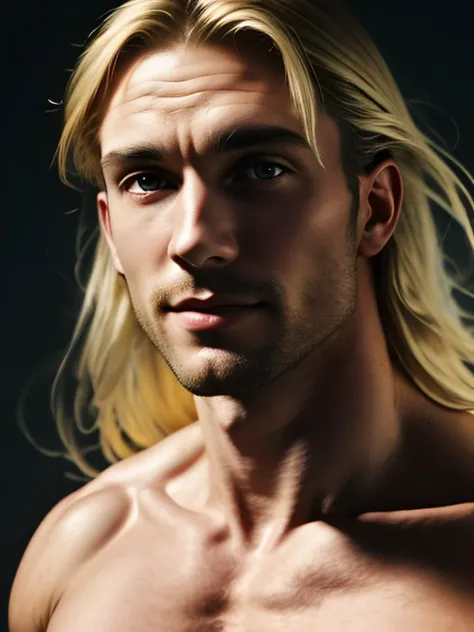 (one male) (portrait) (headshot), (looking at viewer).
Very detailed manly face, heroic, detailed realistic open eyes, (muscular:1.5), (big muscles), (big pectorals), (long blond hair:1.4), (slight smile). (shirtless) (topless male)
Realistic, photoreal, studio portrait, high definition, high contrast, high saturation, highly detailed, high quality, masterpiece, rim lighting, backlit, volumetric light, vibrant colors.
<lora:BeautifulEyes:0.9>