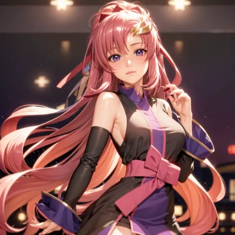 masterpiece, best quality,lacus-bk, 1girl, solo, long hair, pink hair, very long hair, blue eyes, hair ornament, japanese clothes, detached sleeves