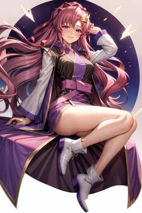 masterpiece, best quality,lacus-wk, cape,1girl, solo, pink hair, long hair, hair ornament, floating hair, smile, purple eyes, very long hair, white footwear,(kbxll:0.6)