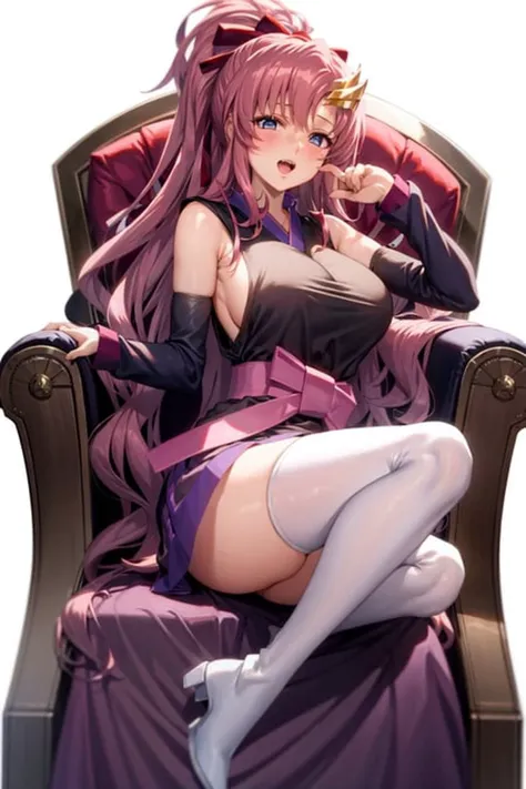 masterpiece, best quality,lacus-bk, 1girl, solo, breasts, pink hair, long hair, hair ornament, large breasts, blue eyes, white background, thighhighs, sideboob, ponytail, open mouth,(kbxll:1)