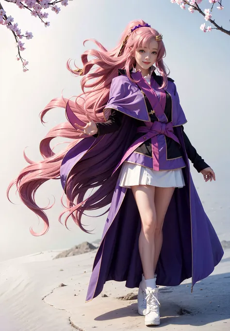 masterpiece,best quality,lacus-wk,cape,1girl,solo,pink hair,long hair,hair ornament,floating hair,smile,purple eyes,very long hair,white footwear,(kbxll:0.6),<lora:lacus:0.75>,