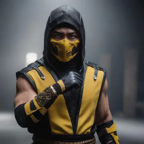 cinematic film still of <lora:Mortal Kombat style:1>
Mortal Kombat style, Kunai, fictional universe consisting of numerous realms, Scorpion,yellow golden outfit,wraith,Hanzo Hasashi,white sclera,a man in a hoodie holding a knife and a glass,solo,gloves,1boy,upper body,male focus,hood,fingerless gloves,mask,glowing,chain,mouth mask , Live-action, white sclera eyes, muscular, fitness, fighters, Action-adventure, brutal and gruesome, Mortal Kombat style, mk style, shallow depth of field, vignette, highly detailed, high budget, bokeh, cinemascope, moody, epic, gorgeous, film grain, grainy