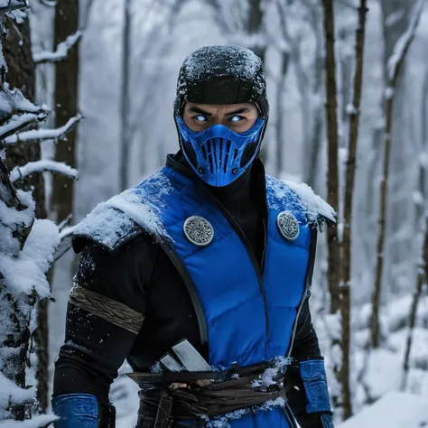 Horror-themed, Sub-Zero
Mortal Kombat style, fictional universe consisting of numerous realms, Sub-Zero,Kuai Liang,Tundra,blue outfit,LK-520,a man in a blue outfit holding a knife,solo,blue eyes,1boy,weapon,male focus,outdoors,armor,tree,mask,glowing,helmet,nature,glowing eyes,snow,forest , Live-action, white sclera eyes, muscular, fitness, fighters, Action-adventure, brutal and gruesome, Mortal Kombat style, mk style, Eerie, unsettling, dark, spooky, suspenseful, grim, highly detailed