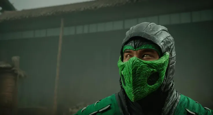 cinematic film still of  <lora:Mortal Kombat style:1>
Mortal Kombat style, fictional universe consisting of numerous realms, lizard face Reptile,green ninja outfit costume,reptilian race known as Zaterran,Saurian,a a Reptile creature with a green and black outfit,solo,open mouth,1boy,upper body,male focus,teeth,blurry,muscular,blurry background,sharp teeth,scales , Live-action, white sclera eyes, muscular, fitness, fighters, Action-adventure, brutal and gruesome, Mortal Kombat style, mk style, shallow depth of field, vignette, highly detailed, high budget, bokeh, cinemascope, moody, epic, gorgeous, film grain, grainy