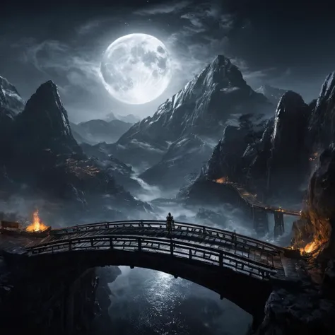 concept art of  <lora:Mortal Kombat style:1> cinematic film style of
Mortal Kombat style, fictional universe consisting of numerous realms, a full moon is seen over a bridge,outdoors,sky,cloud,armor,no humans,night,moon,fire,night sky,scenery,full moon,mountain,architecture,bridge,east asian architecture,fog,moonlight , Live-action, white sclera eyes, muscular, fitness, fighters, Action-adventure, brutal and gruesome, Mortal Kombat style, mk style, digital artwork, illustrative, painterly, matte painting, highly detailed